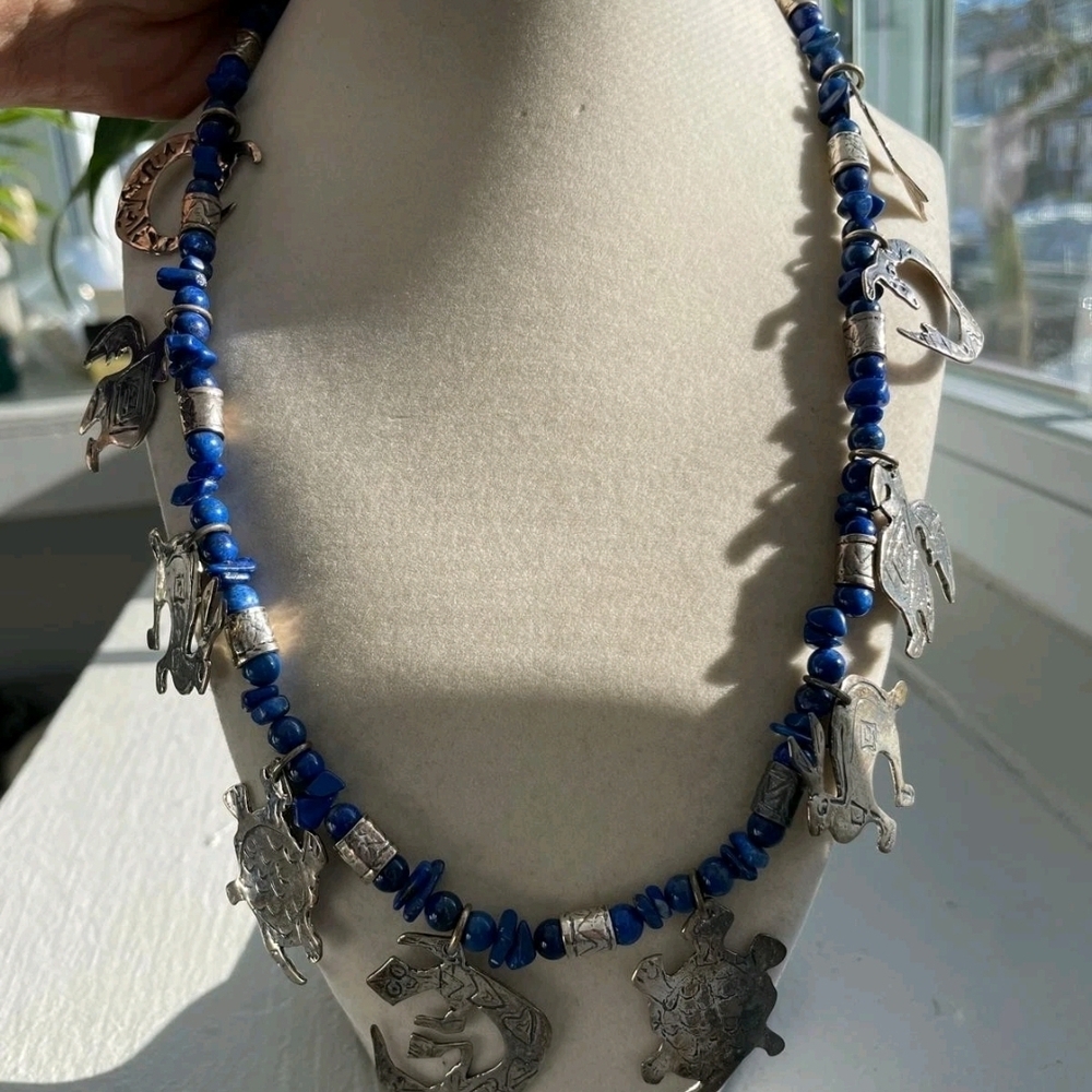 Blue Beaded Silver Charm Necklace - Women Jewelry